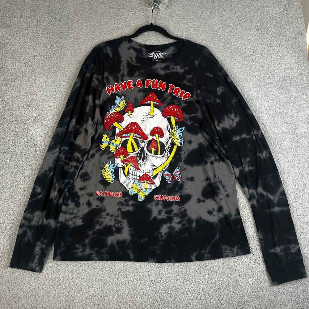Have A Fun Trip Skull T Shirt Mens Large Black Gray Tie Dye Mushroom Butterfly
